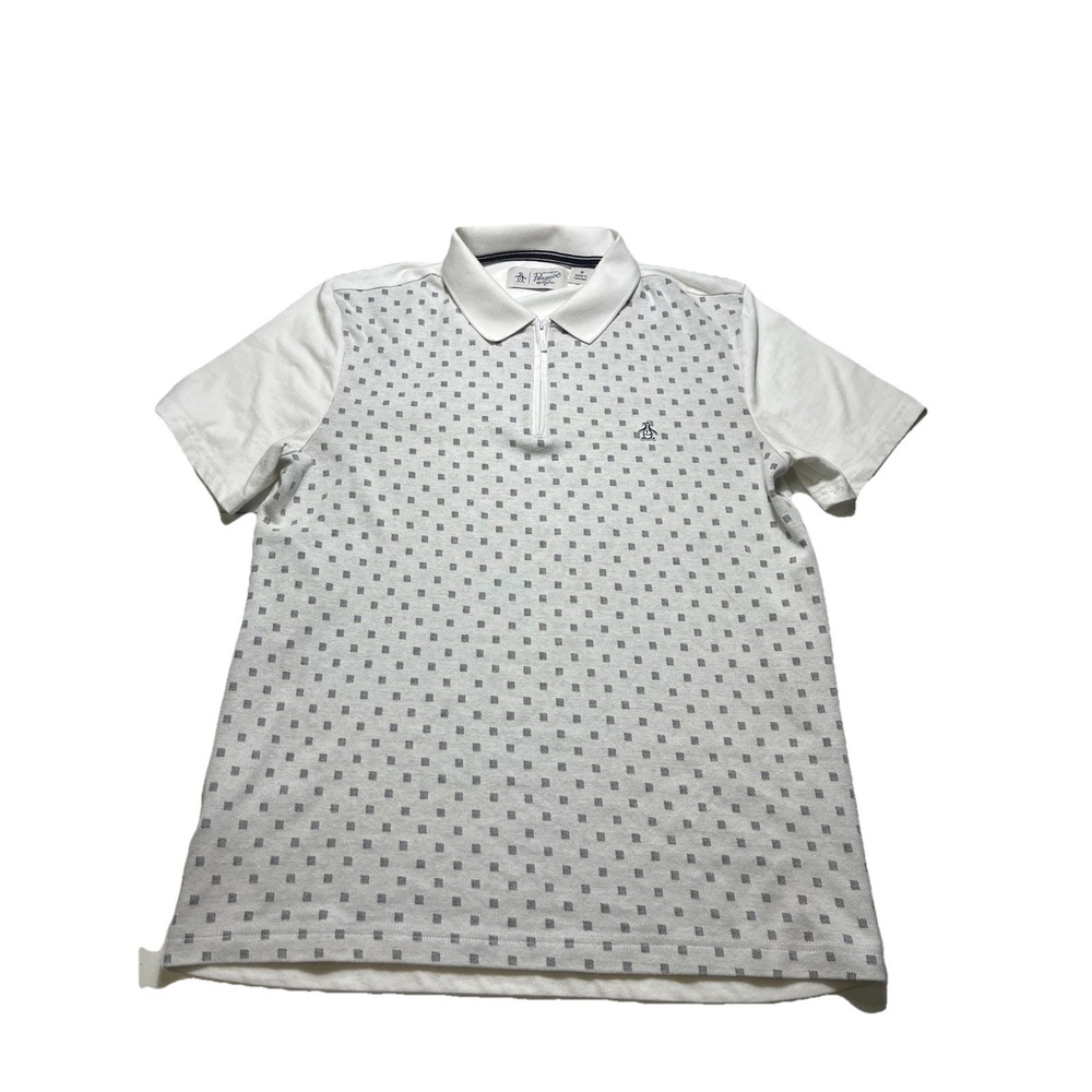 Original Penguin Mens Medium White Gray Geometric Golf Polo Short Sleeve‎ Shirt